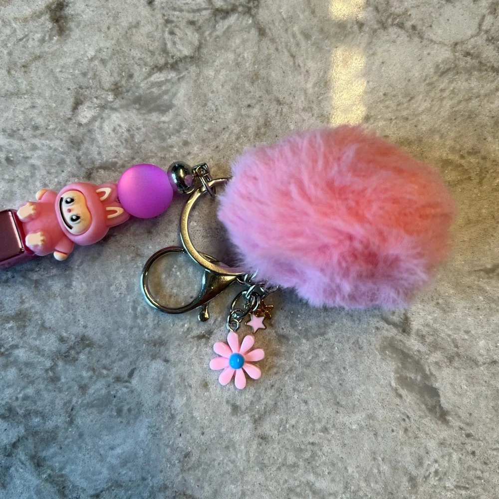 Pink Silicone Labubu Keychain with Pom Pom and Floral Accent - Picture 4 of 8